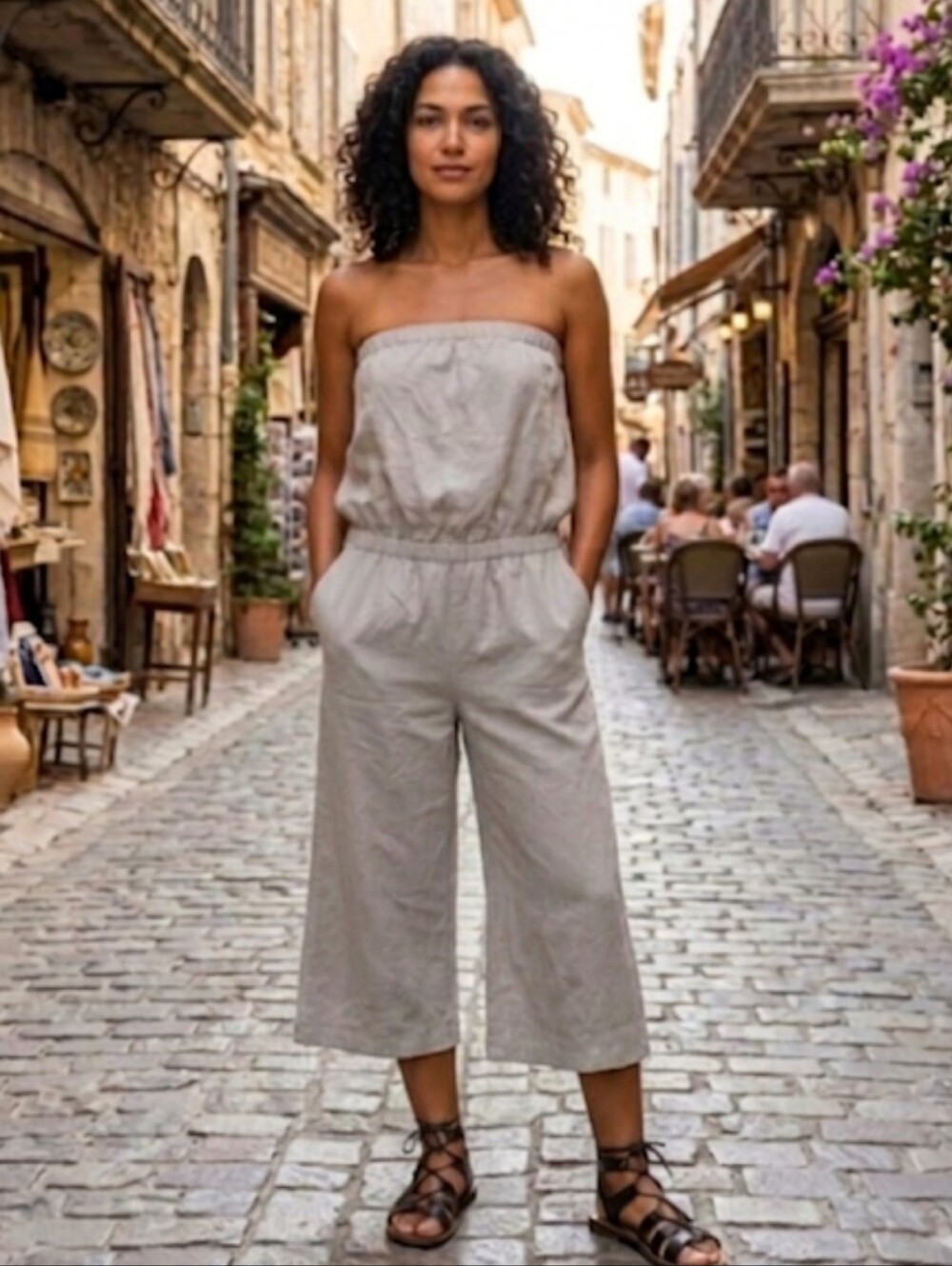 Anthropologie Cloth & Stone Strapless  Jumpsuit Wide Leg Crop With Frayed Hem.